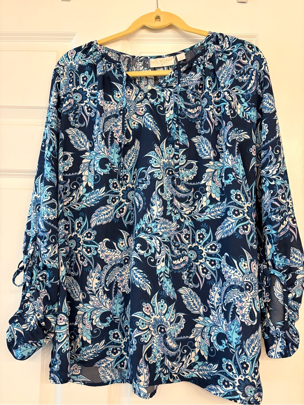 Belle BOHO Navy Paisley Tie-Front Blouse with Light Blue Accents
